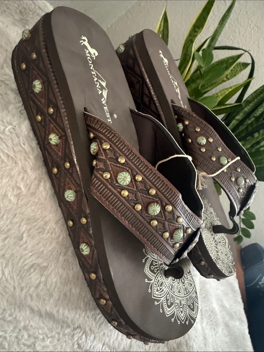 Montana West Brown Wedge Sandal with Metal Embellishments - Size 11